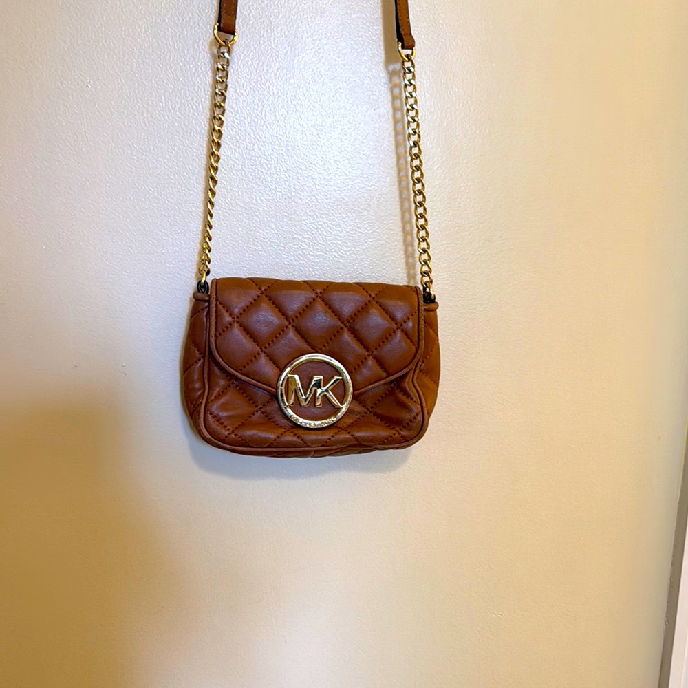 Michael Kors Fulton Brown Gold Quilted Crossbody Bag